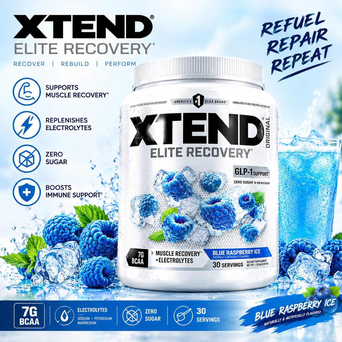 XTEND Elite Recovery BCAA - Blue Raspberry Ice (30 Servings)