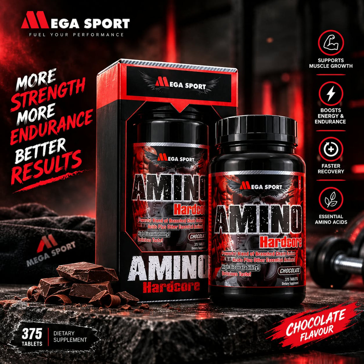 Mega Sport Amino Hardcore - Chocolate (375 Tablets)