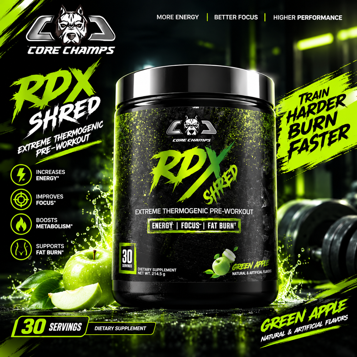 Core Champs RDX Shred Thermogenic Pre-Workout - Green Apple (30 Servings)