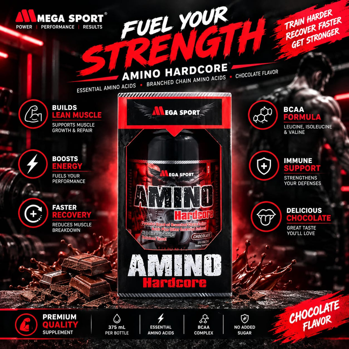 Mega Sport Amino Hardcore Liquid - Chocolate (375ml)